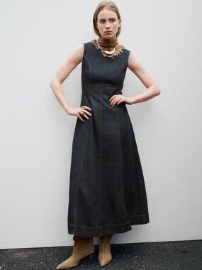 Zara Z1975 Denim Midi Dress Sleeveless A-Line Blue Small Back Zip Summer NWT